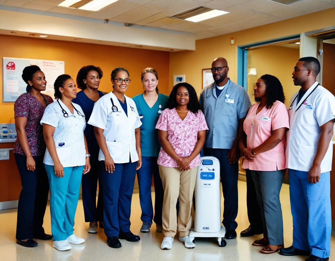 A diverse group of patients engaged in a supportive dialogue, standing together in front of a large dialysis machine with a backdrop of a sunlit hospital room. Emphasize the expressions of determination and hope on their faces, showcasing the theme of empowerment and advocacy. Incorporate medical symbols and a warm atmosphere to enhance the ethical aspect of their journey. vibrant colors. super-realistic.
