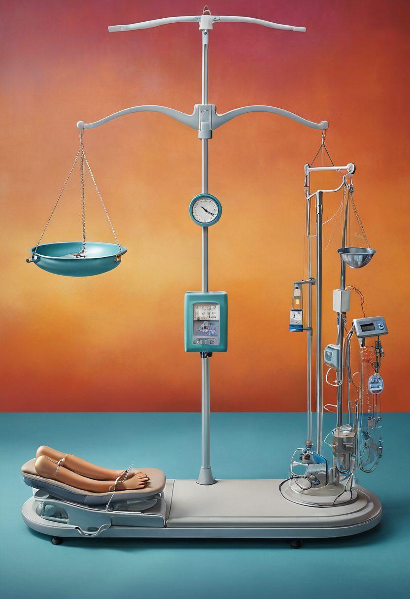 A symbolic representation of a scale balancing ethics and access, with one side featuring a kidney and dialysis machine, and the other side showcasing diverse patients contemplating their treatment. Surrounding elements include medical professionals engaging compassionately with patients, and a backdrop of a serene hospital environment to convey hope and healing. vibrant colors. super-realistic.