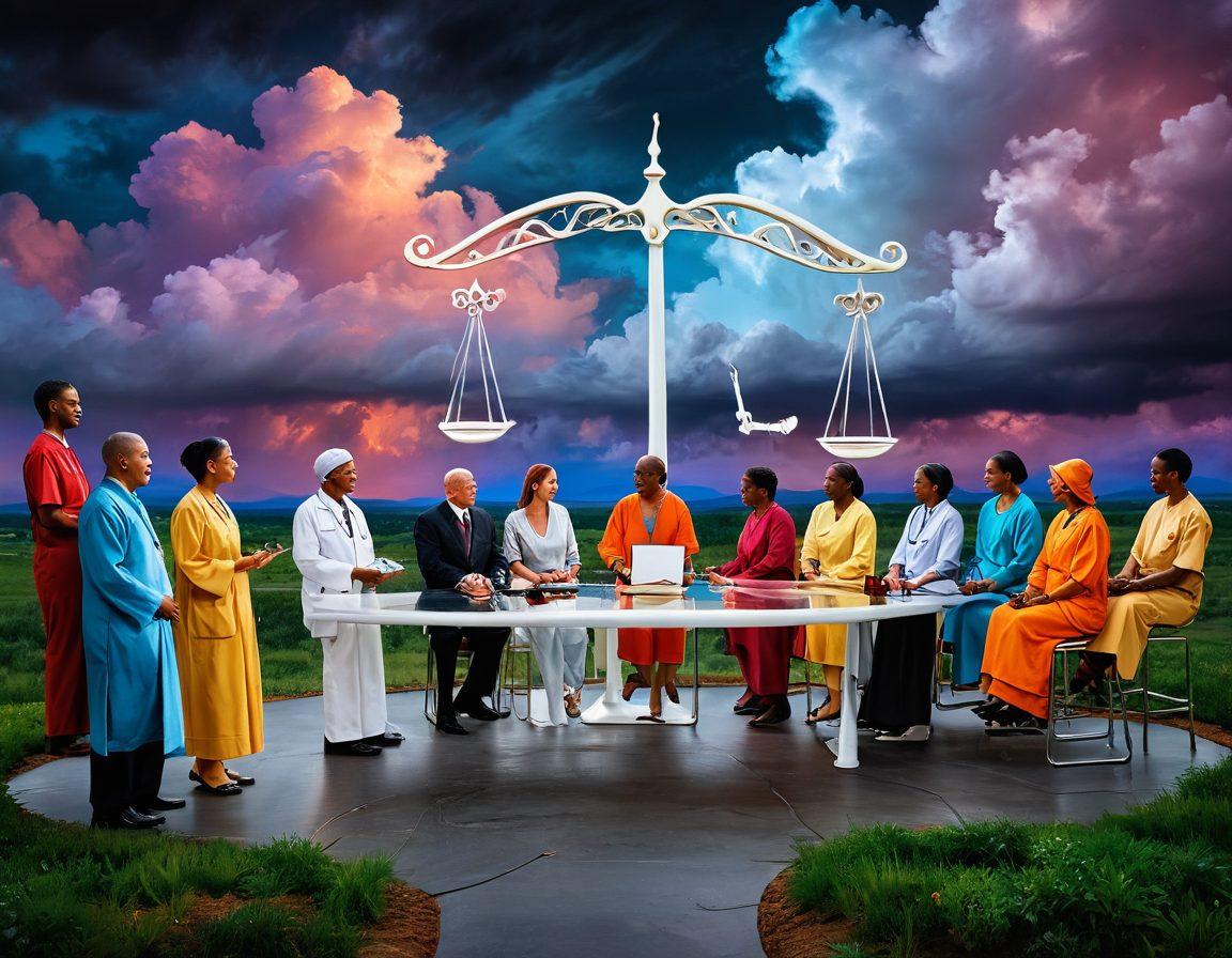 An intricate landscape depicting a diverse group of patients and healthcare advocates engaging in a dialogue about dialysis rights, surrounded by symbolic elements like scales of justice, vibrant heartbeats, and thriving kidneys. The background transitions from a dark, stormy sky to a bright, hopeful horizon, symbolizing the journey of overcoming challenges in healthcare. The scene captures the essence of empowerment and advocacy in a compassionate and uplifting manner. super-realistic. vibrant colors. white background.